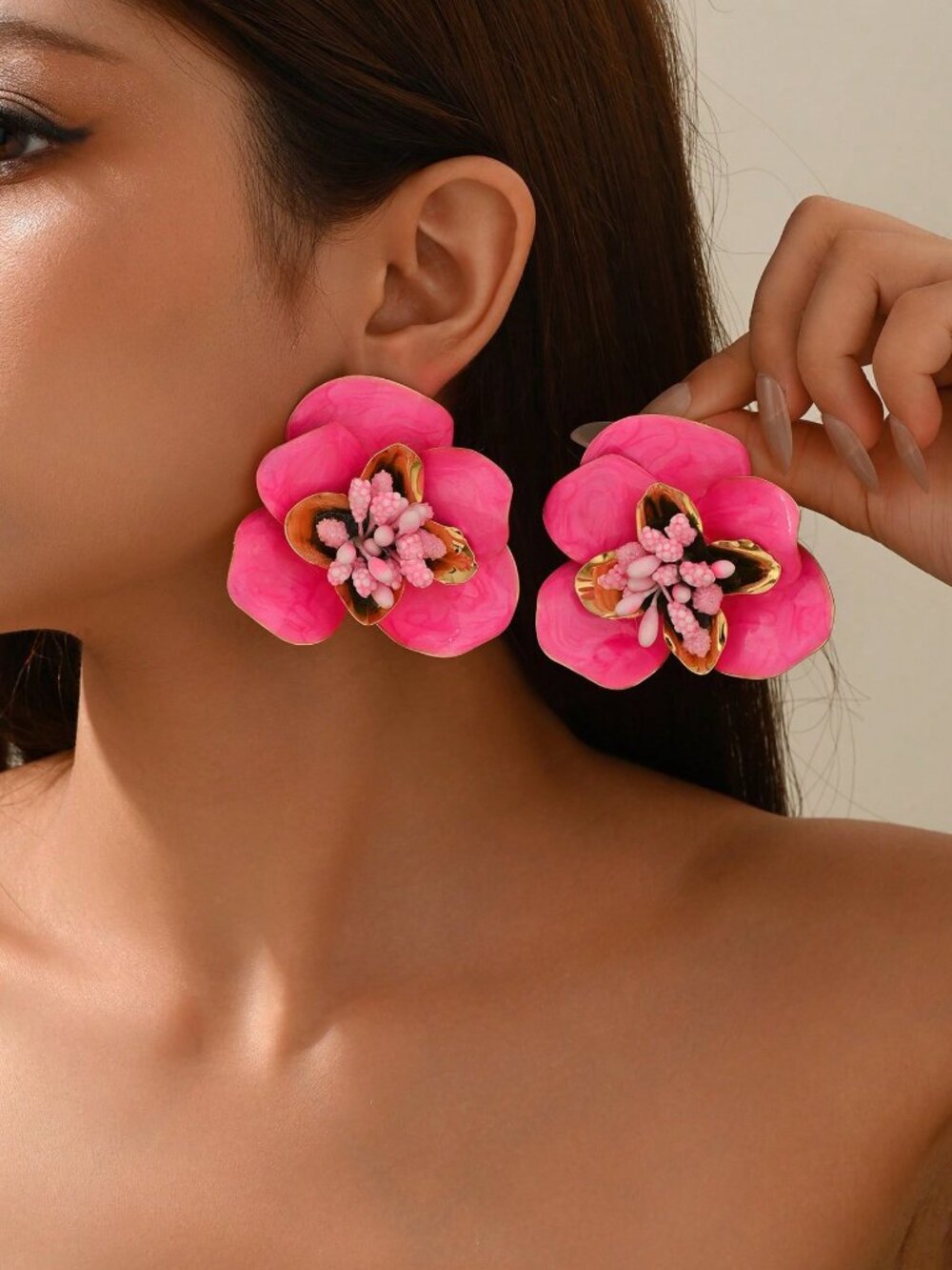 Elegant Hot Pink Women's Dopamine Flower Floral Earrings
